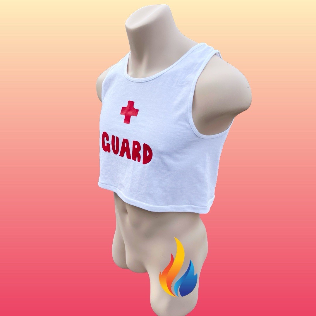 Lifeguard custom printed Mens White 100% cotton super short crop tank top gallery