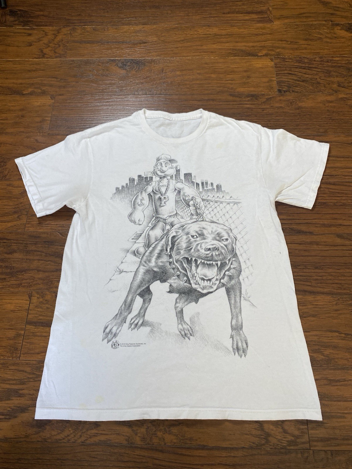 Vintage Popeye Shirt Mens Small White Thug Gangster Sailor Walking Dog 2010 Y2K gallery