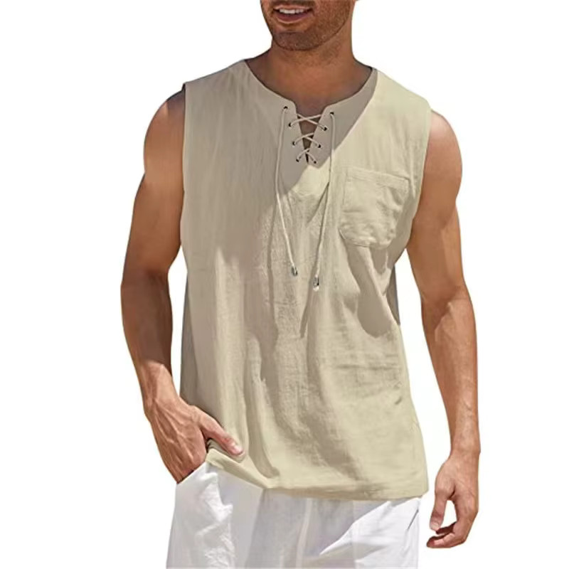 Men’s Cotton Linen Sleeveless Tank Top Retro Lace Up V Neck Summer Shirt gallery