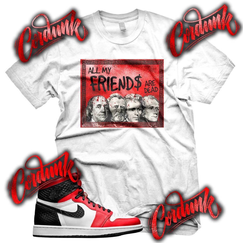New White DEAD FRIENDS Sneaker T Shirt for J1 1 OG Satin Snake Black Red