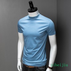 Mens Summer Half High Collar Silk Cotton Short Sleeved Slim Fit Shirts Comfort