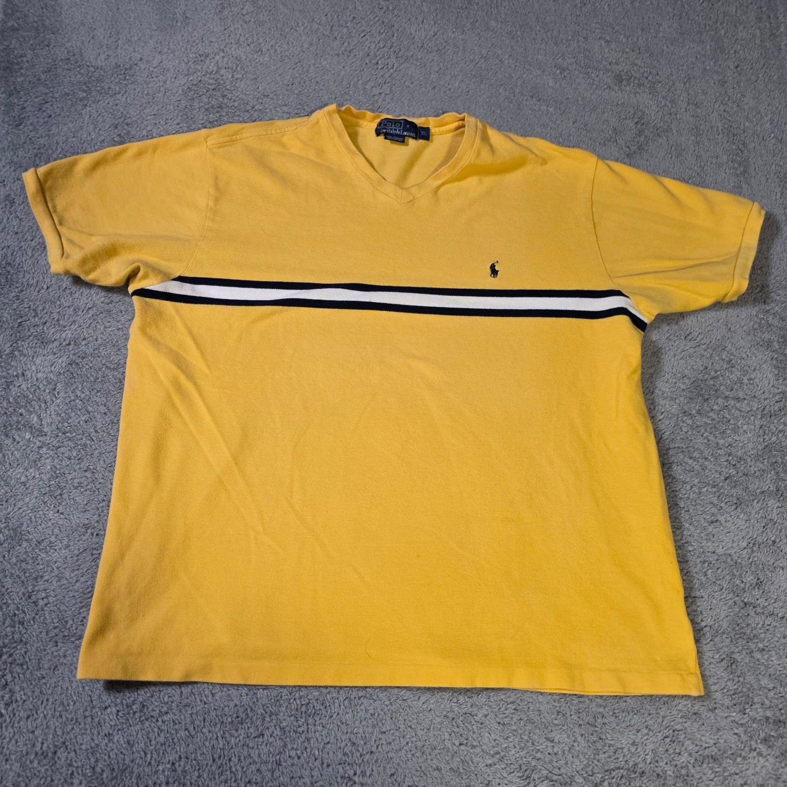 Polo Ralph Lauren Mens XL T-Shirt Yellow V-Neck Striped Pique Pony Logo 2868