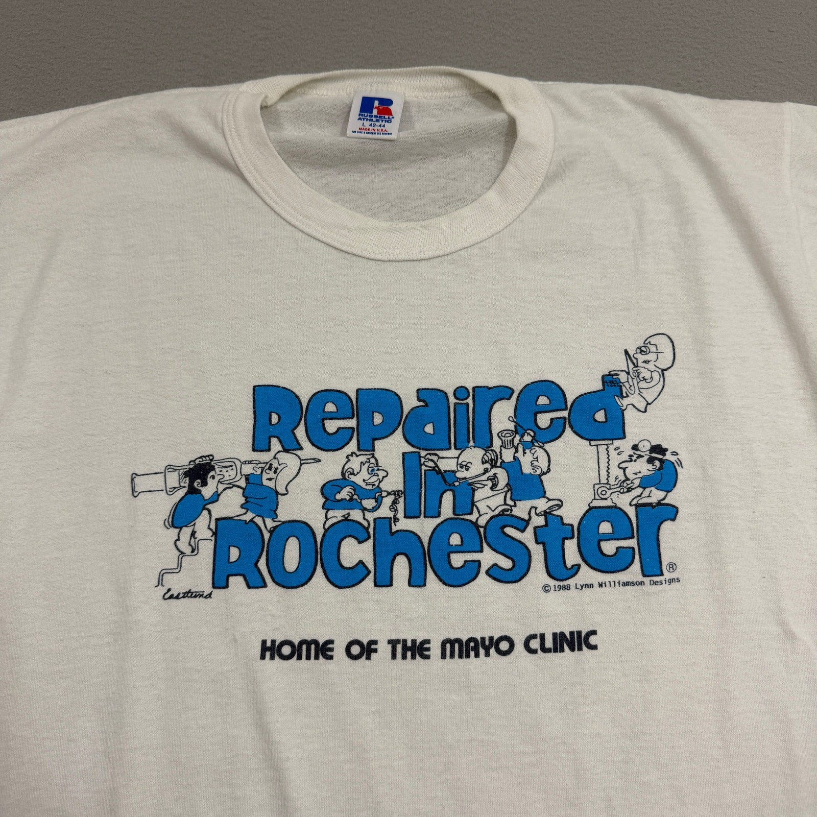 Vintage Russell Athletic Repaired in Rochester Shirt Large White 1988 Paper Thin gallery