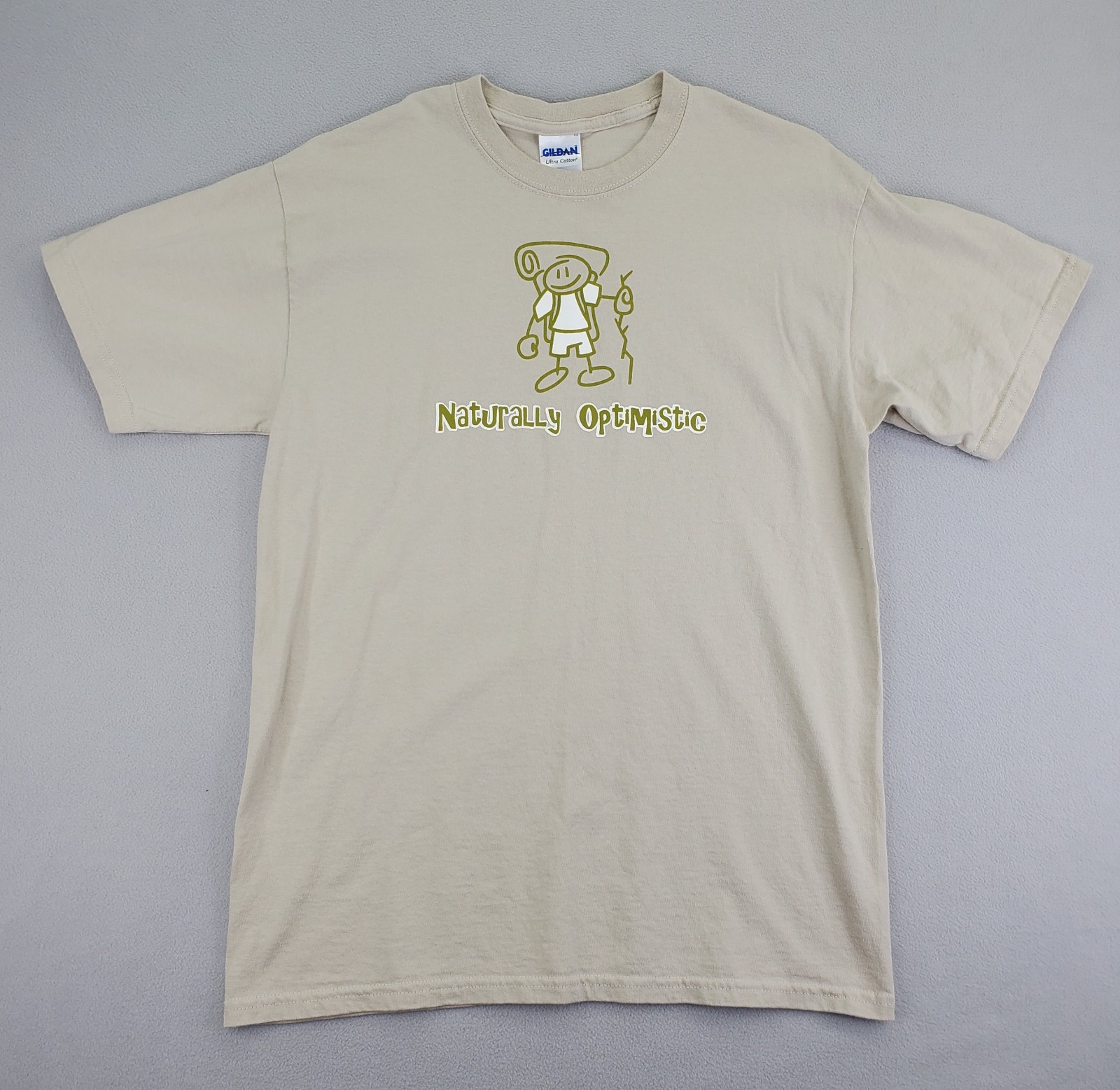 Naturally Optimistic Shirt Mens M Tan Hiking Camping Graphic Gildan Ultra EUC gallery