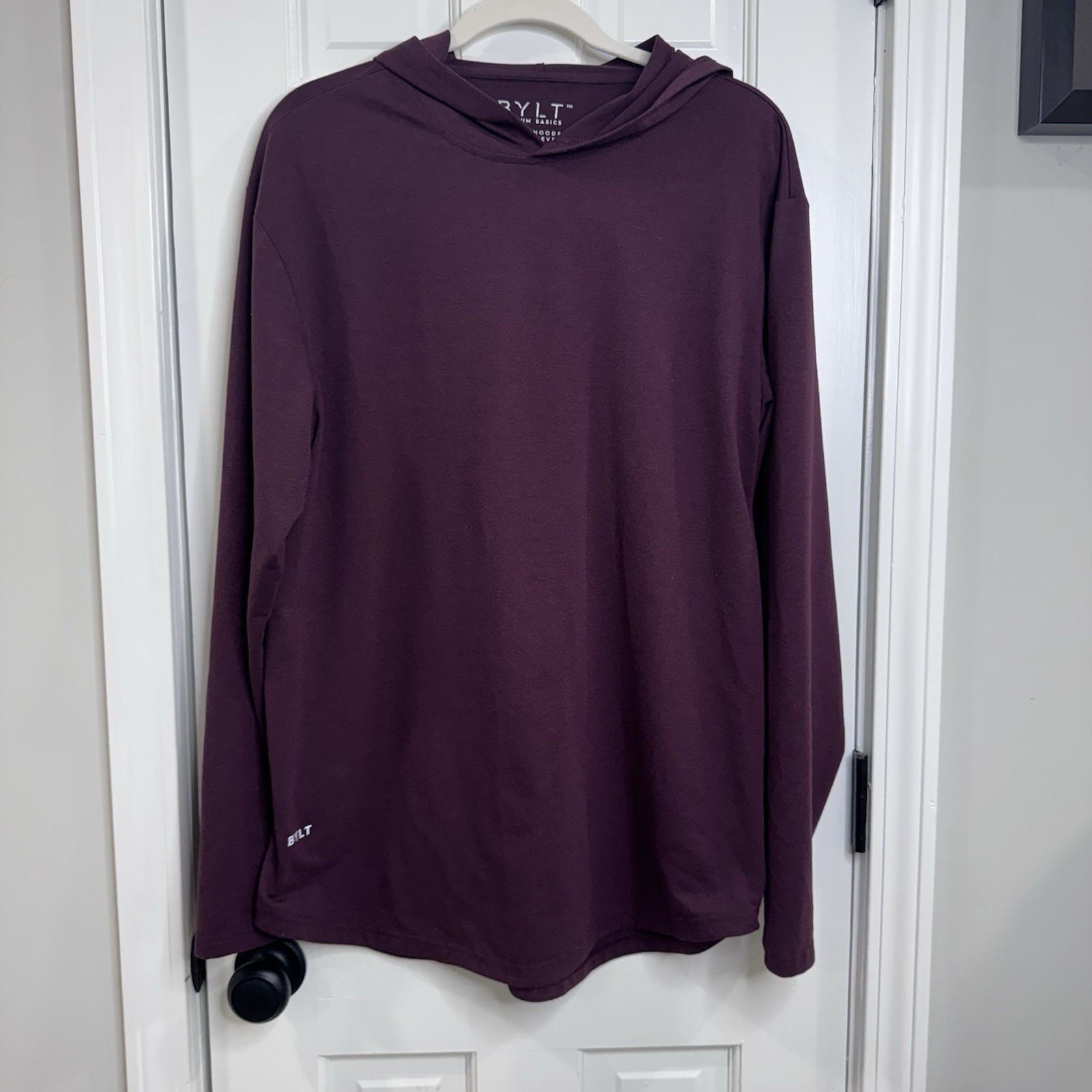 BYLT Premium Basics Drop Cut Hooded Long Sleeve Mens L Burgundy Stretch Tee gallery