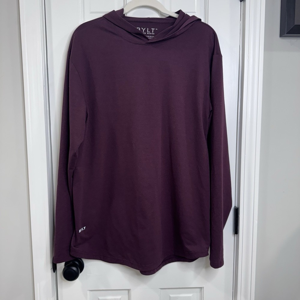BYLT Premium Basics Drop Cut Hooded Long Sleeve Mens L Burgundy Stretch Tee