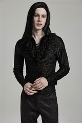 PUNK RAVE Black Gothic Retro Ruffled High Collar Pattern Velvet Shirt Men Top