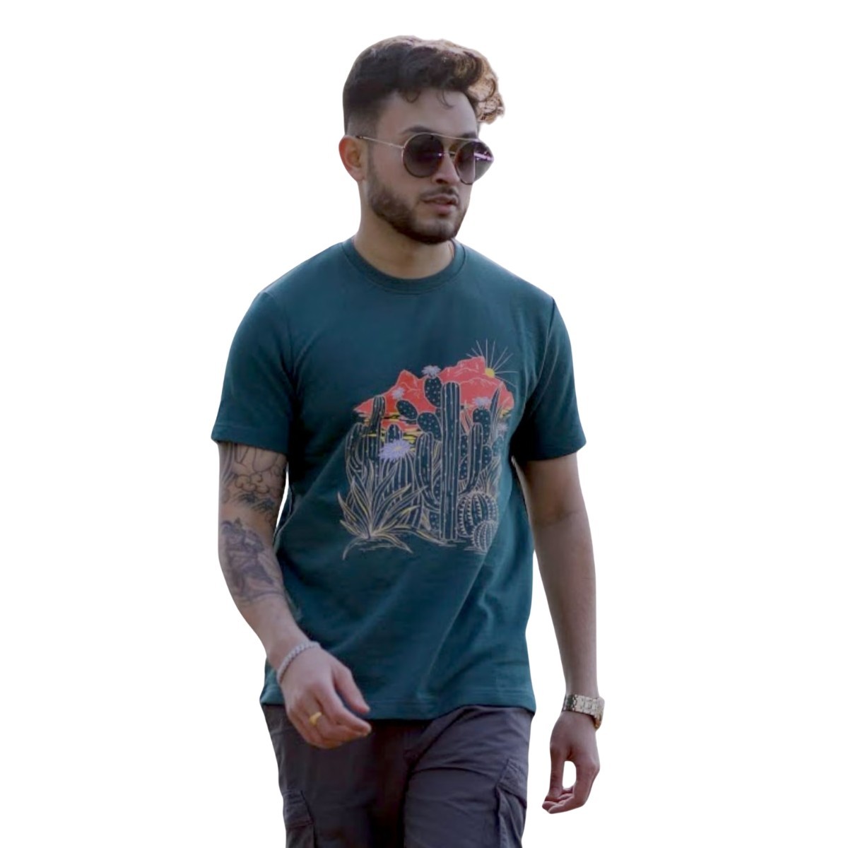Men’s Deep Teal Cotton Summer T-Shirt – Floral Cactus Graphic Print