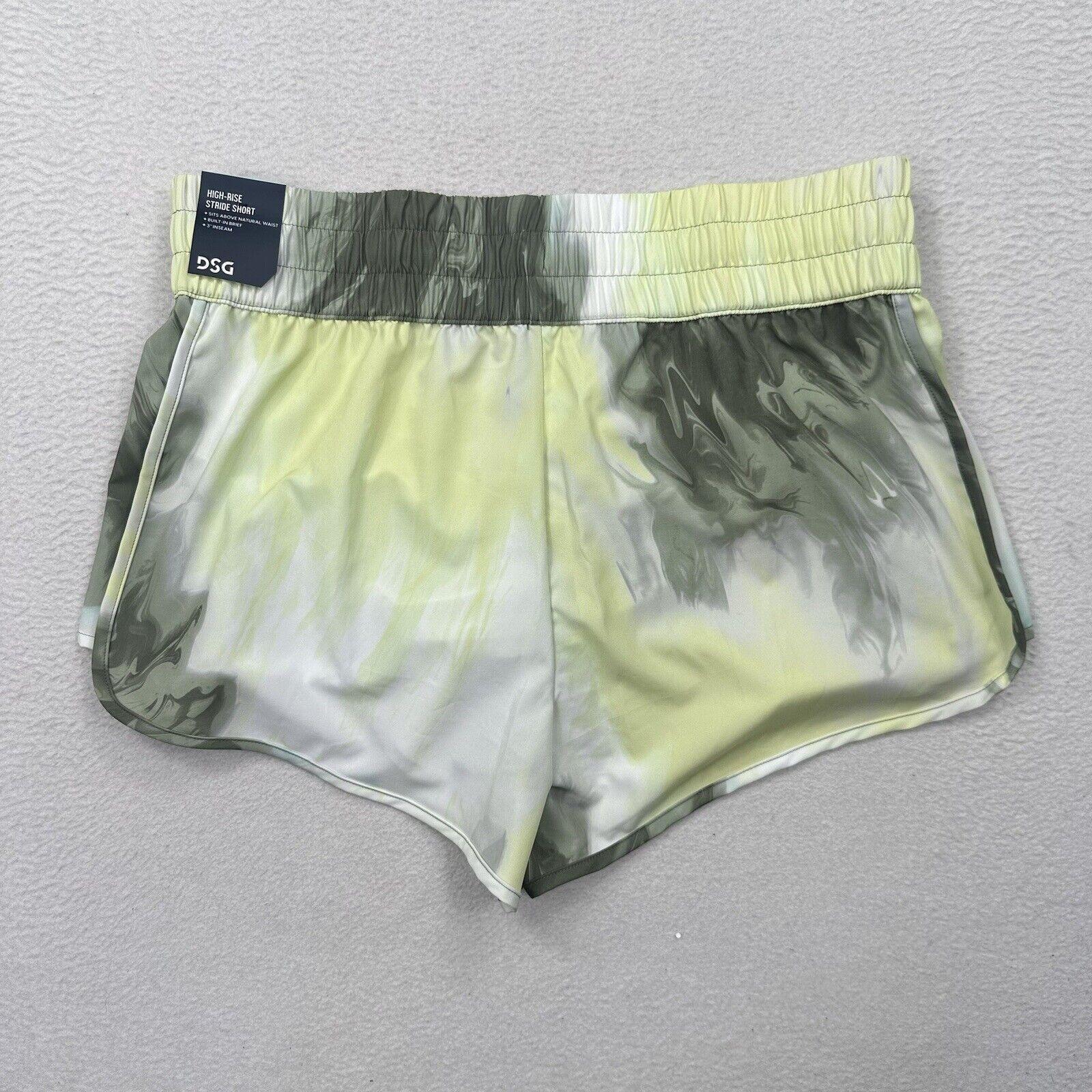DSG Womens High Rise Stride Run Shorts Green Multi Wash Size L NWT