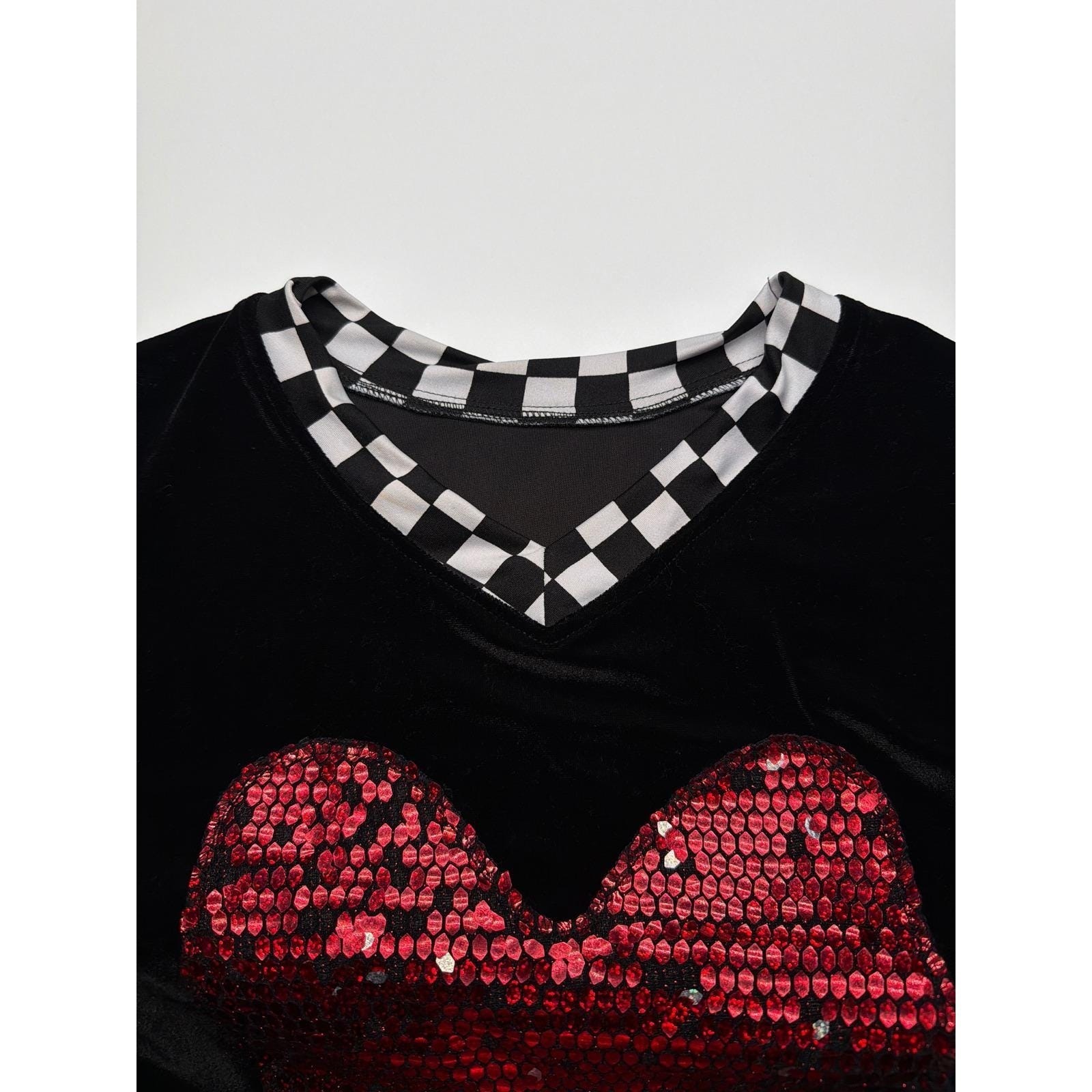 Mens Black Velvet Long Sleeve V Neck Shirt Red Sequin Heart Checkerboard Trim M gallery