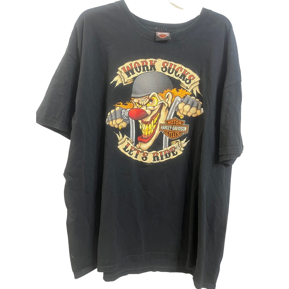 Harley-Davidson Mens 2XL Black Work Sucks Let’s Ride Clown Graphic TShirt Philly