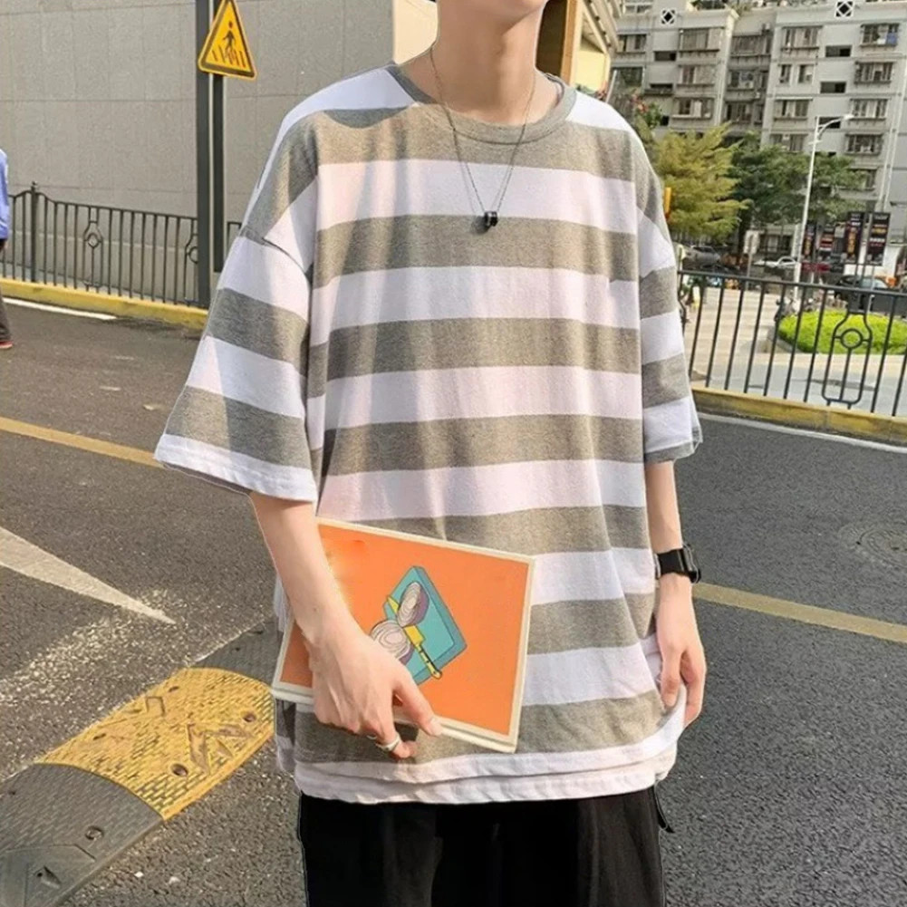 Men O Neck Short Sleeve Wide Striped T-Shirts Casual Loose Fit Blouse Tops Tee gallery