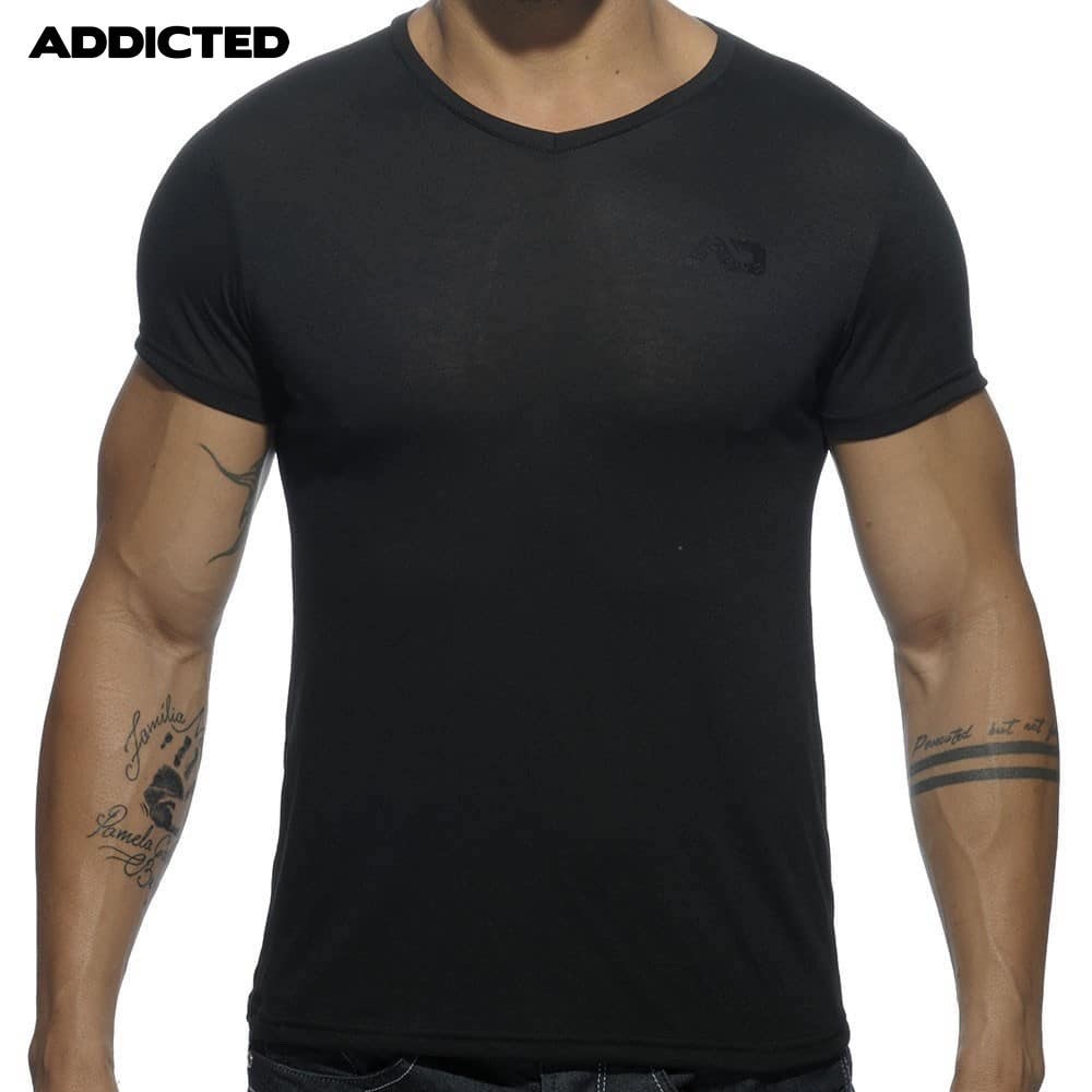 Addicted Logo V Neck T Shirt 3XL runs small Gently worn 50% viscose/50% poly gallery