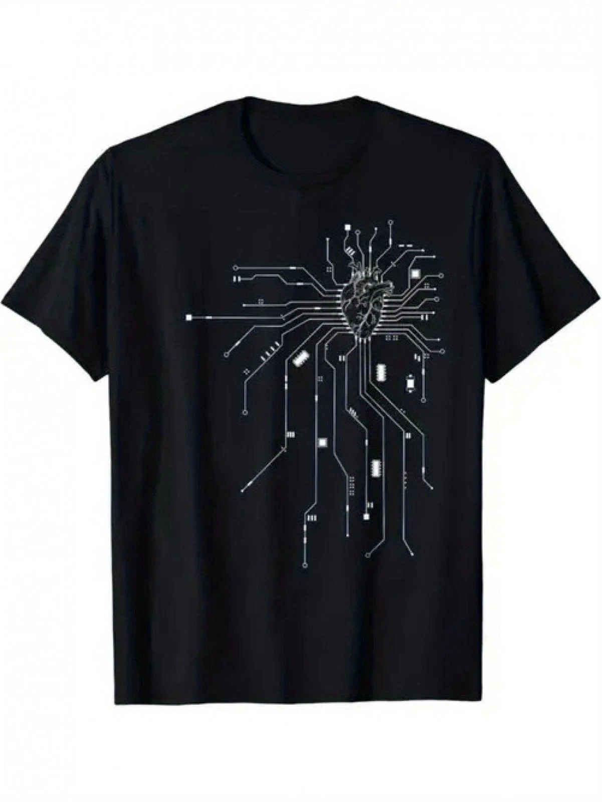 Unisex Casual T-Shirt Inspired by Technology, Featuring a Black Color with a W