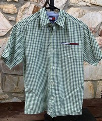 Tommy Hilfiger Short Sleeve Shirt Gingham Green Button Flag Logo Stripe Mens Lg