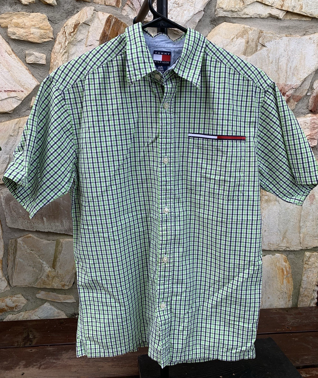 Tommy Hilfiger Short Sleeve Shirt Gingham Green Button Flag Logo Stripe Mens Lg