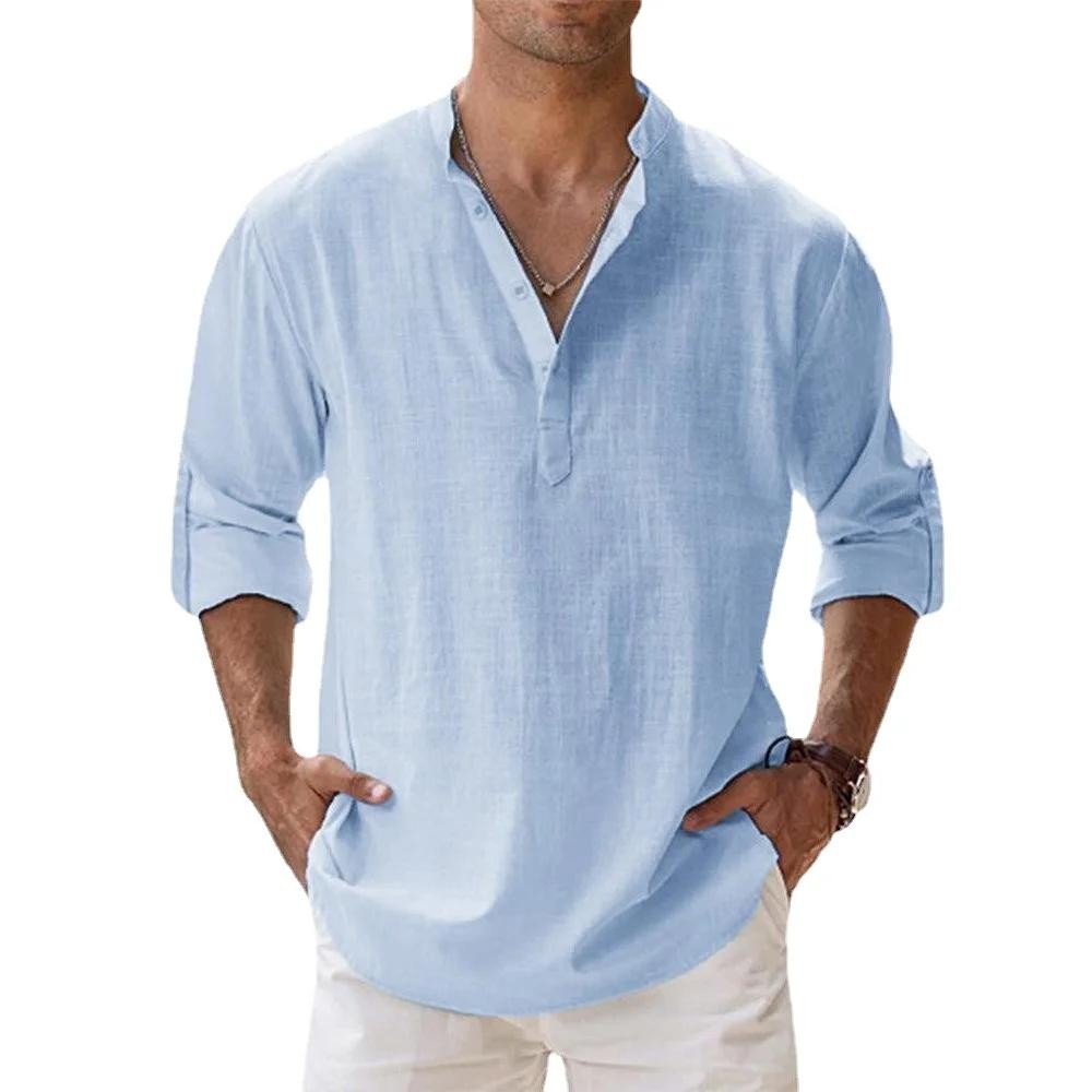 2026 Men’s Cotton Linen Henley Shirt Short Sleeve Casual Summer Beach Style Top gallery