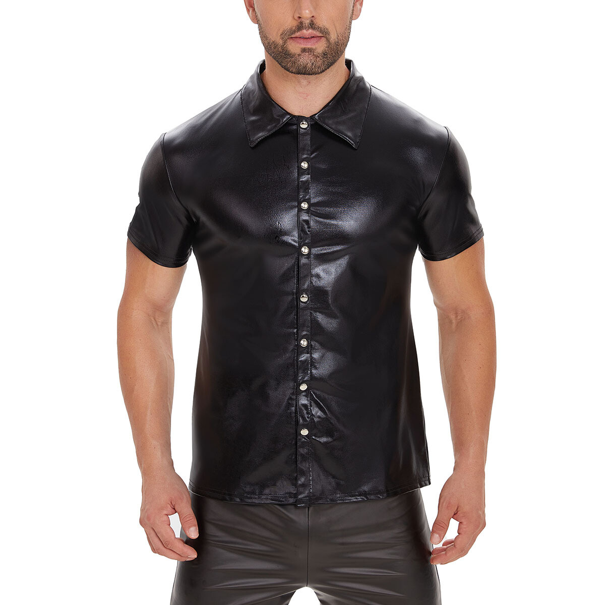 Sexy Men's WetLook Patent Shiny PVC Leather Shirts Coat Top Clubwear Costume gallery