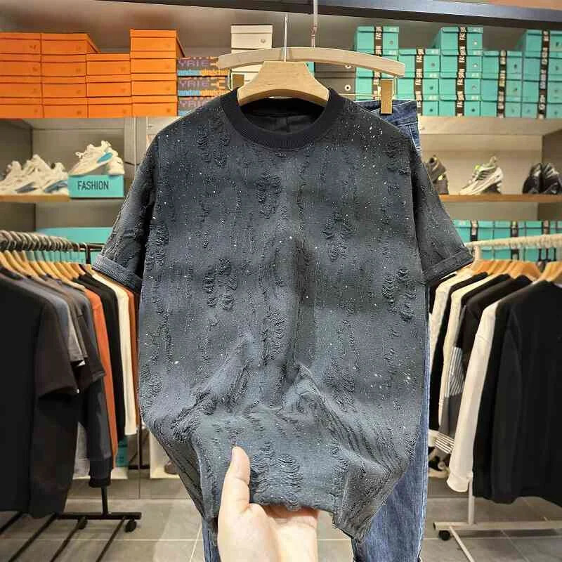 Men Luxury Fashion Trendy Ripped Sequin Diamond Rhinestone Summer T-shirt gallery