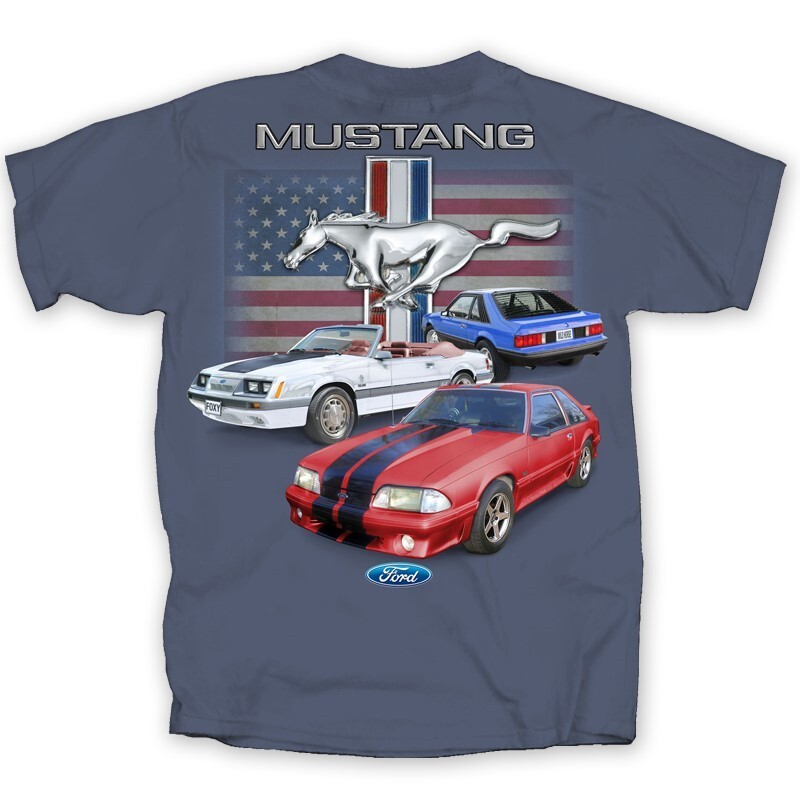 Ford Mustang T-Shirt – Blue w/ Fox Body Pony American Flag Logo (Licensed)