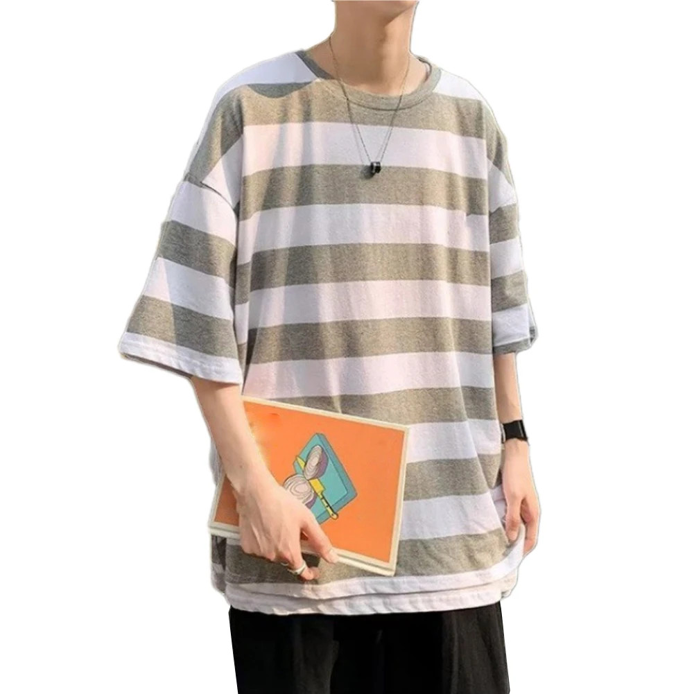 Men O Neck Short Sleeve Wide Striped T-Shirts Casual Loose Fit Blouse Tops Tee gallery