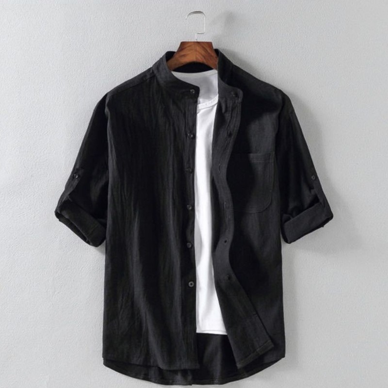 Men's Linen Stand Collar Five Quarter Sleeve Shirt Cotton Linen Casual Shirt gallery