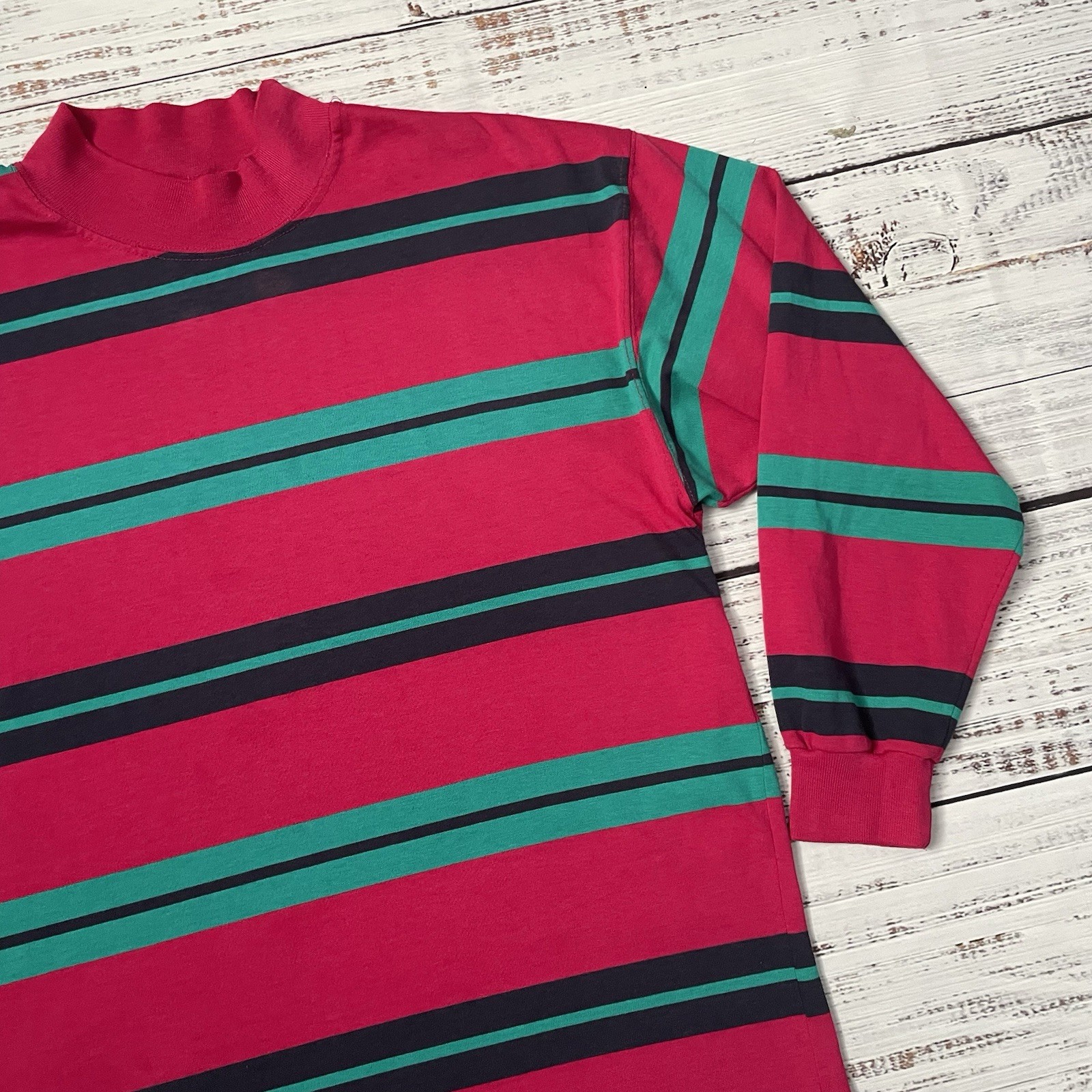 Vintage Class 955 Pink Green Striped Long Sleeve Blank Shirt Adult M Mock Neck gallery