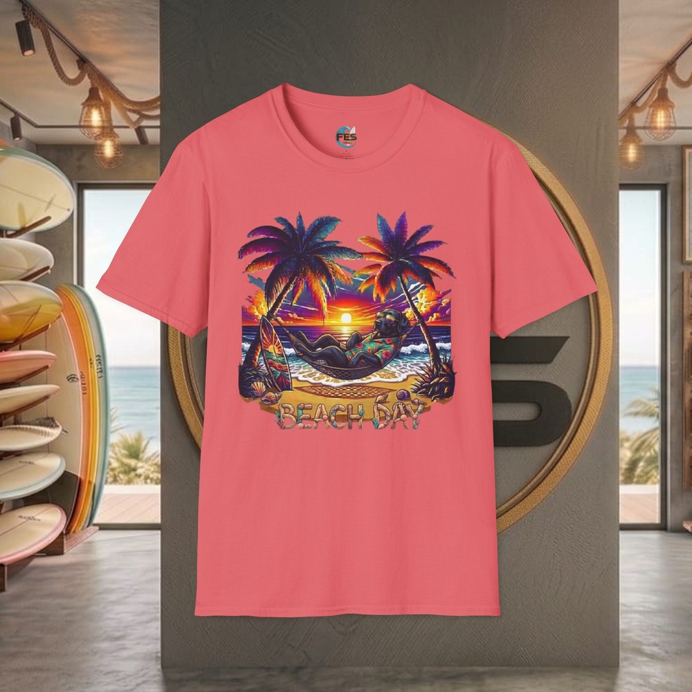 Cool BlacK Labrador Dog Sunglass Sunset Beach Day Surf Unisex SoftStyle T-Shirt