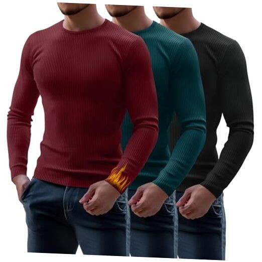 3 Pack Men’s Ribbed Thermal Shirts Crew Neck Large Black, Dark Cyan, Burgundy