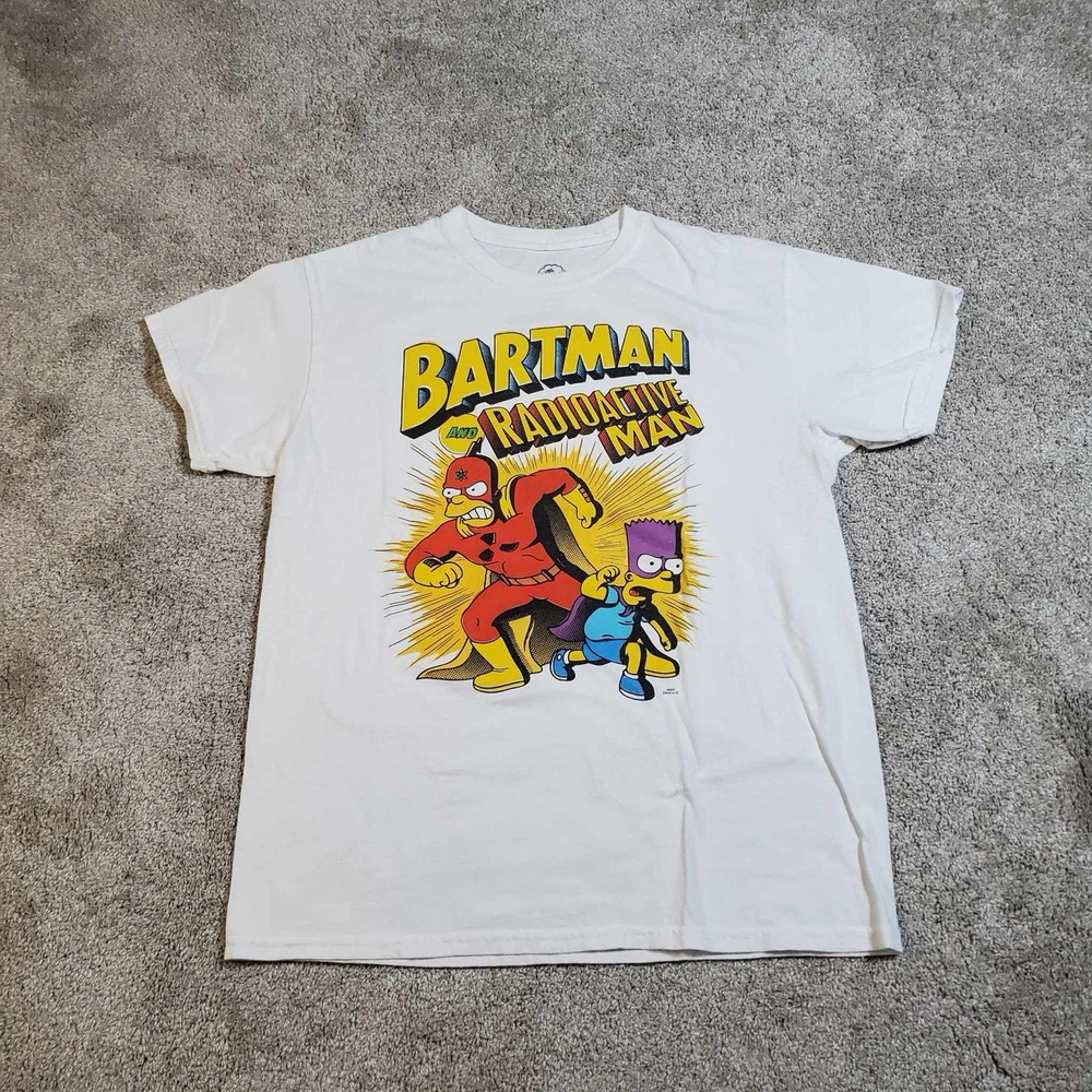 Simpson’s Bartman And Radioactive Man White T Shirt Bart & Homer Medium Distress