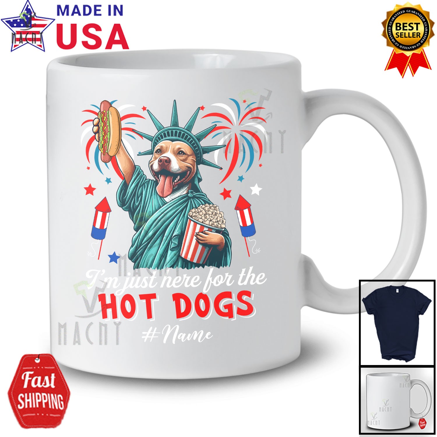 Custom Name Just Here For The Hot Dogs; Proud Pit Bull Liberty Patriotic T-Shirt gallery