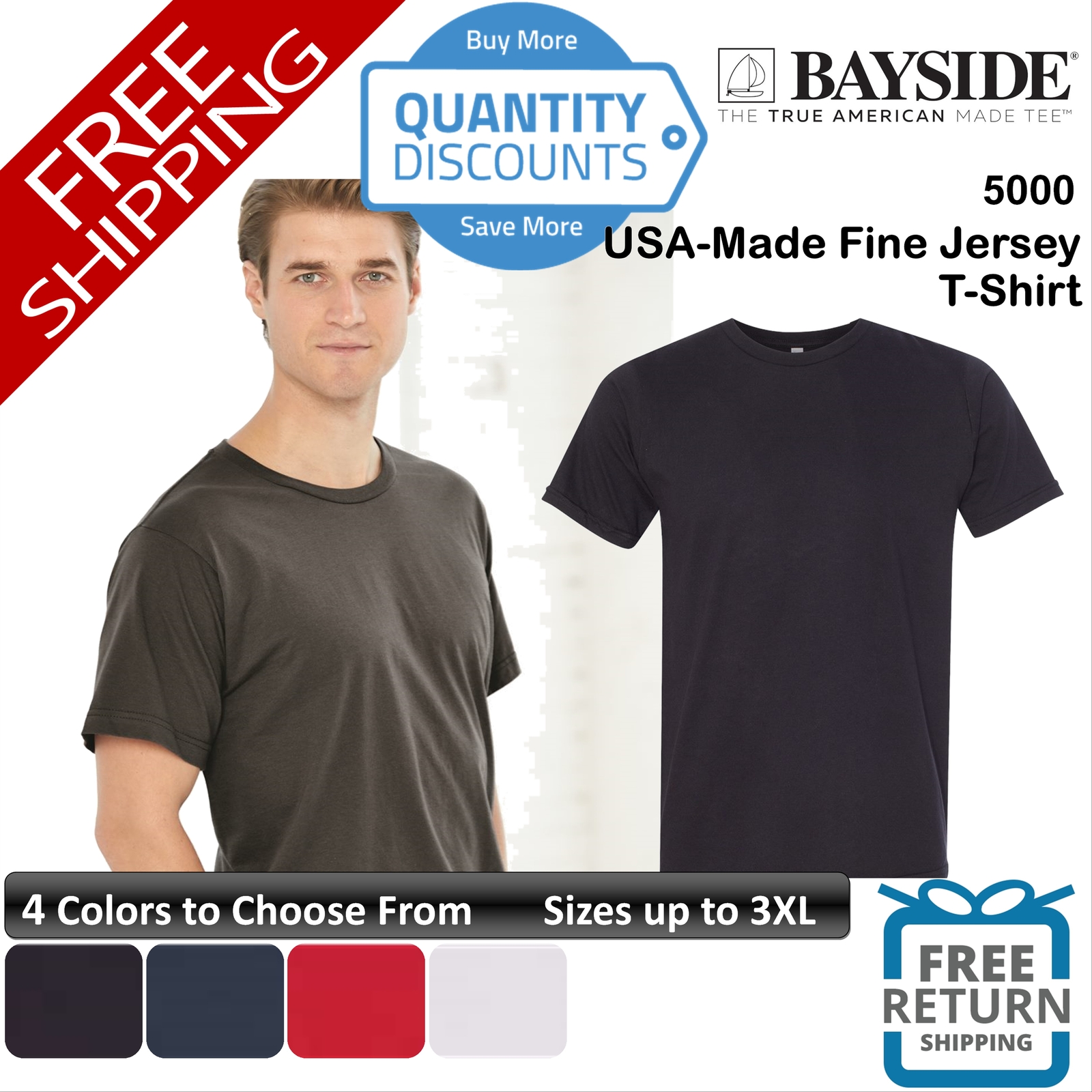 🔥 Bayside Men Usa-made Fine Jersey Ring-spun Cotton T-shirt Up To 3XL 5000 gallery