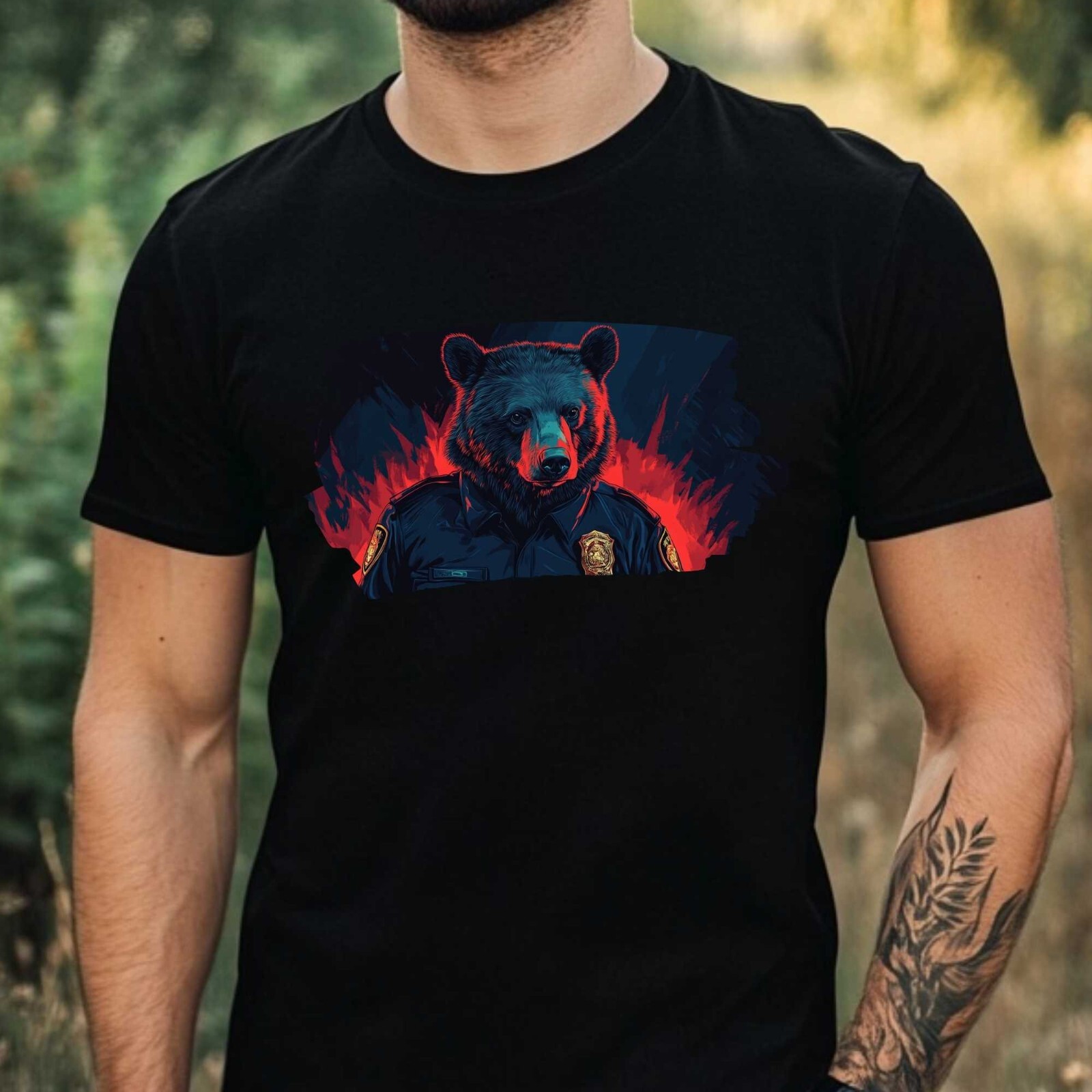 Mens Black Bear as Policeman Motif Cotton T-Shirt Size XS to 5XL gallery
