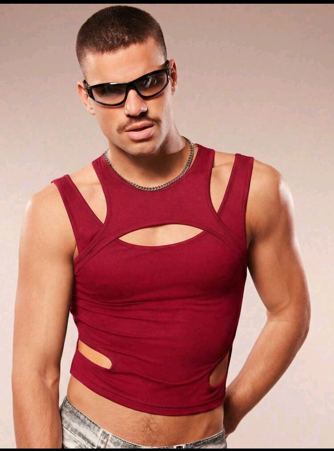 FeverCity Men's Solid Color Crew Neck Sleeveless Hollow Out Slim Fit gallery