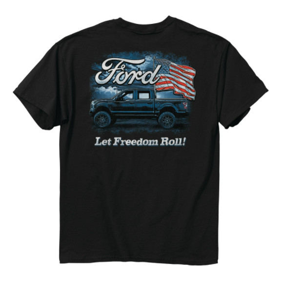 Ford F-150 Pickup Truck American Flag & "Let Freedom Roll" Script Black T-Shirt gallery