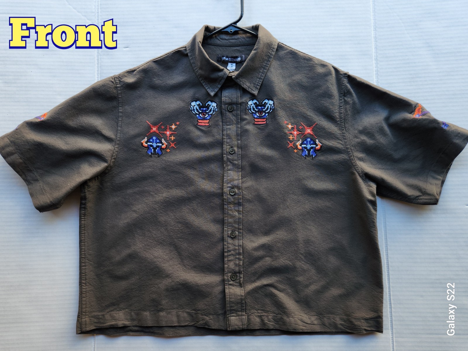 Urban Outfitters Men's Apparel Dark Olive Woven Top Polo Shirt - Size: Medium gallery