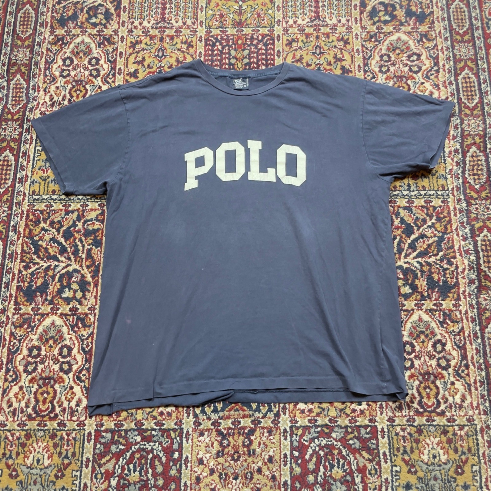 VTG 90s Polo Ralph Lauren XL Navy Blue Arch Text Spell Out T-Shirt Faded Stitch