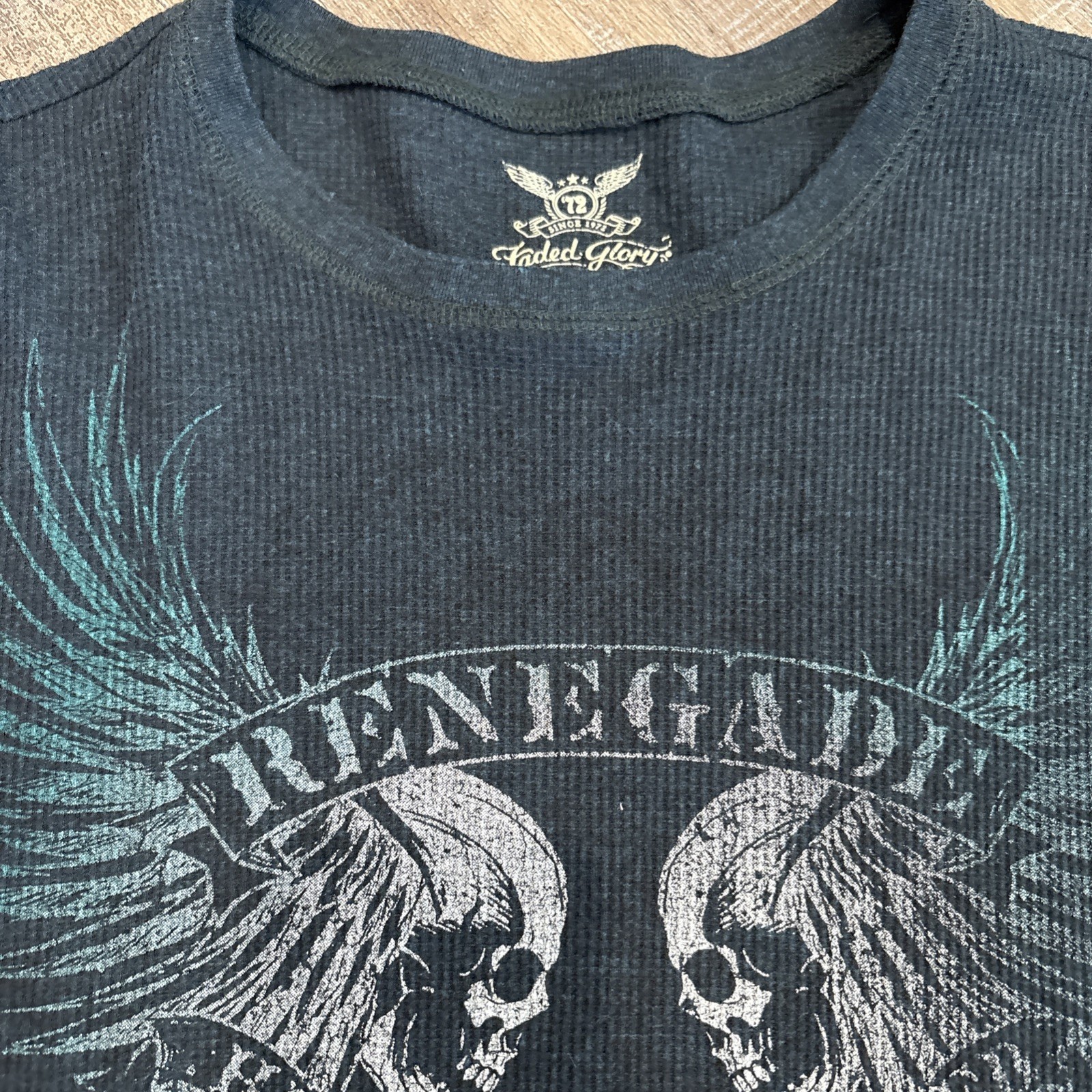 Y2K Thermal Shirt Mens L Waffle Knit Goth Grunge Skull Wings Navy Biker Tattoo gallery