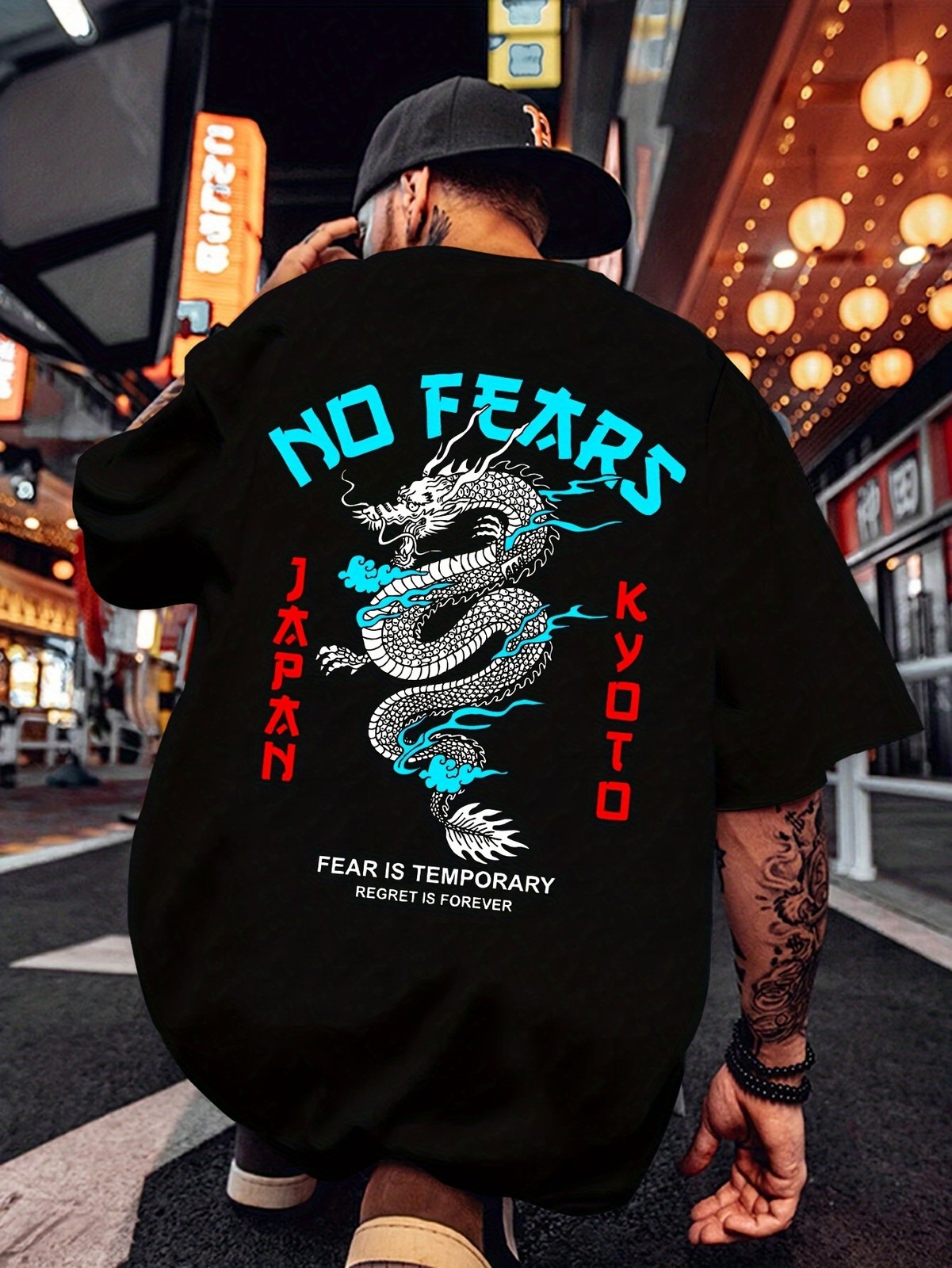 Japanese Dragon No Fears Graphic Tee - Kyoto Streetwear Back-Print Shirt gallery