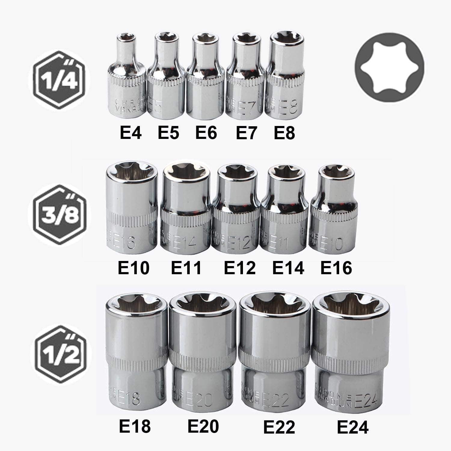 Size E4 Female E Torx Socket 1/4 Drive (External) E TORX