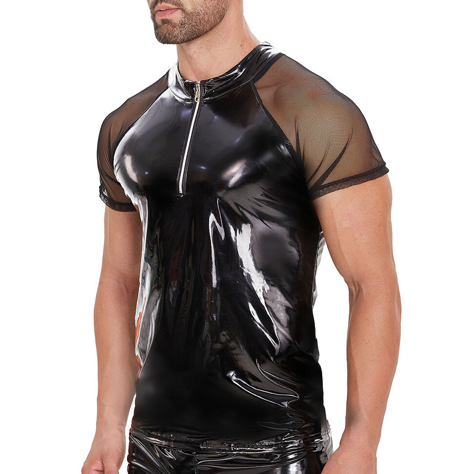 Mens Shiny PVC Leather T-Shirt Latex Wetlook Male Glossy Zipper Slim Shirts Tops gallery