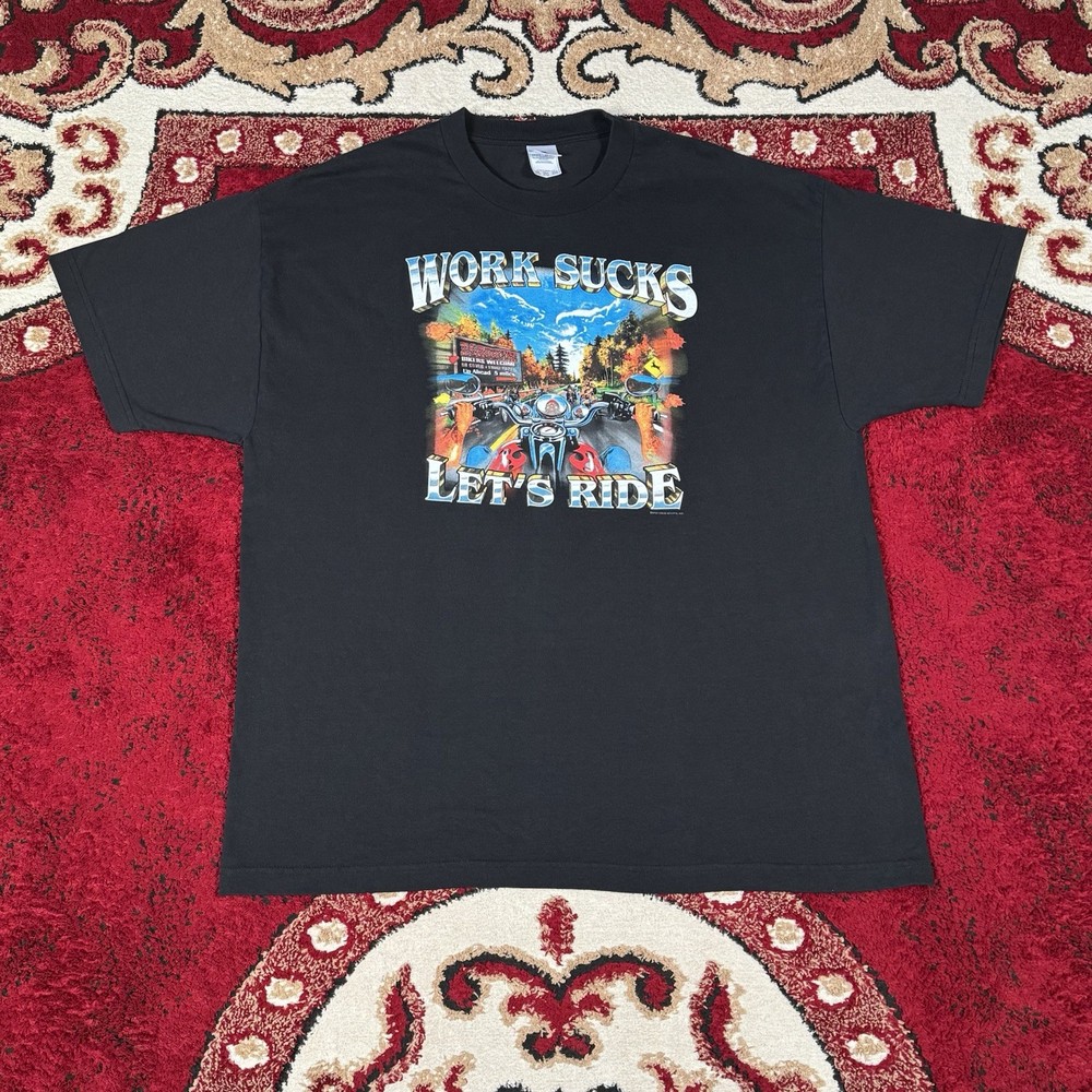 Vintage Y2K Work Sucks Lets Ride Biker Motorcycle Black T Shirt Fits Size XL