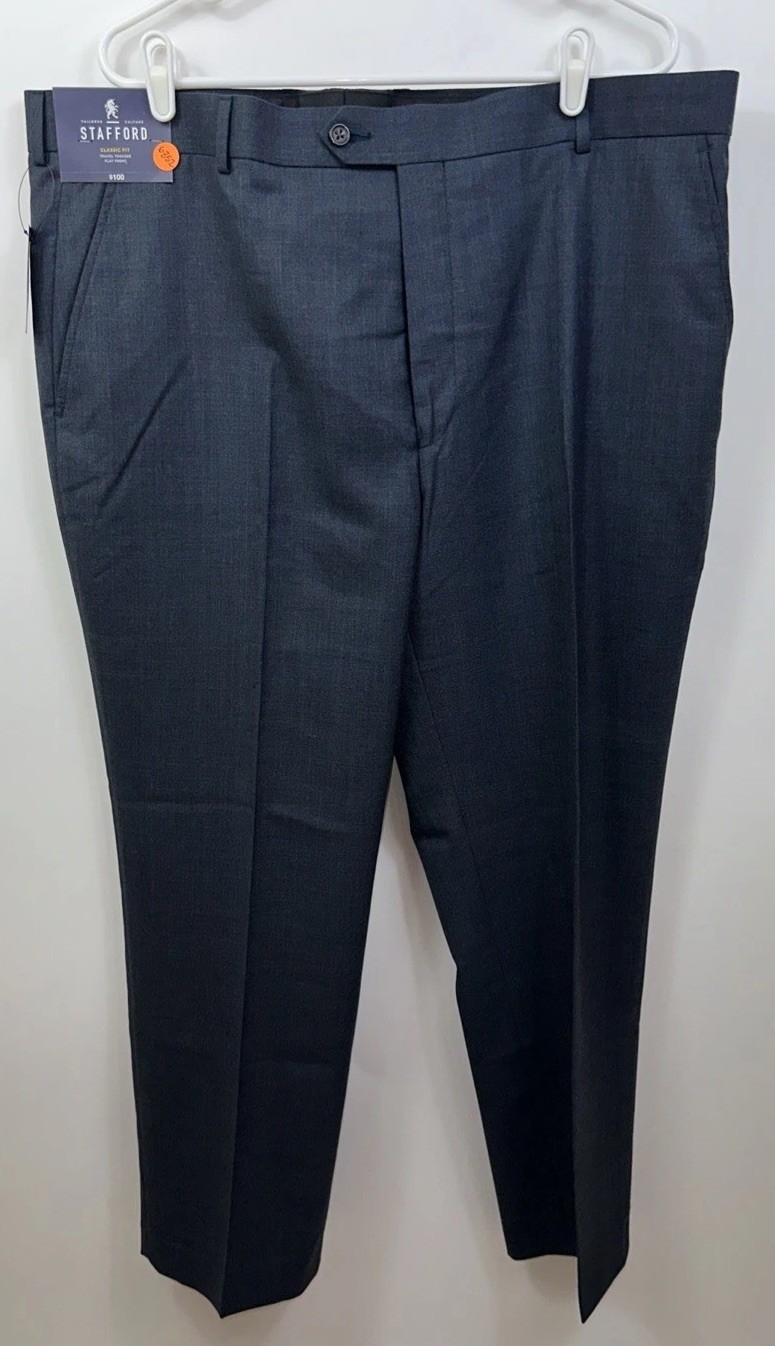 NWT Stafford Men’s 42 x 30 Classic Fit Flat Front Blue Travel Trouser Pants $70 gallery