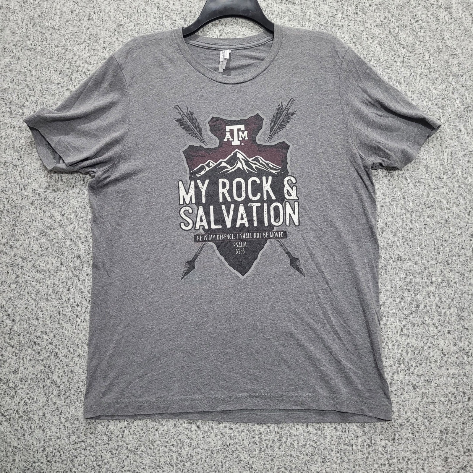 Texas AM Bella Canvas Grey T-Shirt My Rock Salvation Psalm 62:6 Aggies Mens L gallery