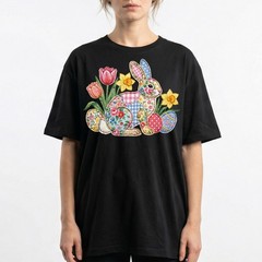 Easter Bunny Patchwork Floral Spring T-Shirt Holiday Cute Pastel Egg Lover Tee
