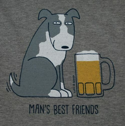 NWT Men’s Life is Good Man’s Best Friends Dog Beer Gray LS Crusher Tee