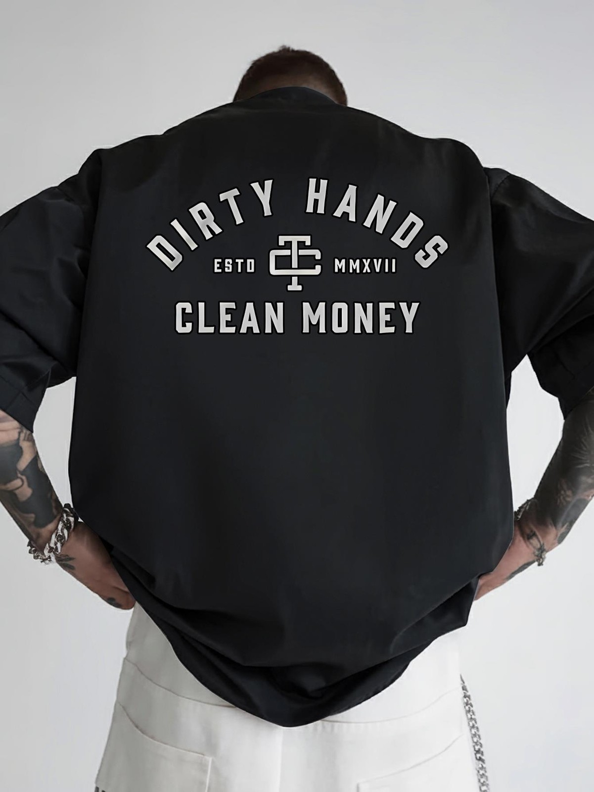 Humorous Graphic Tee for Men – BACK Design DIRTY HANDS ESTD MMVI CLEAN MONEY –