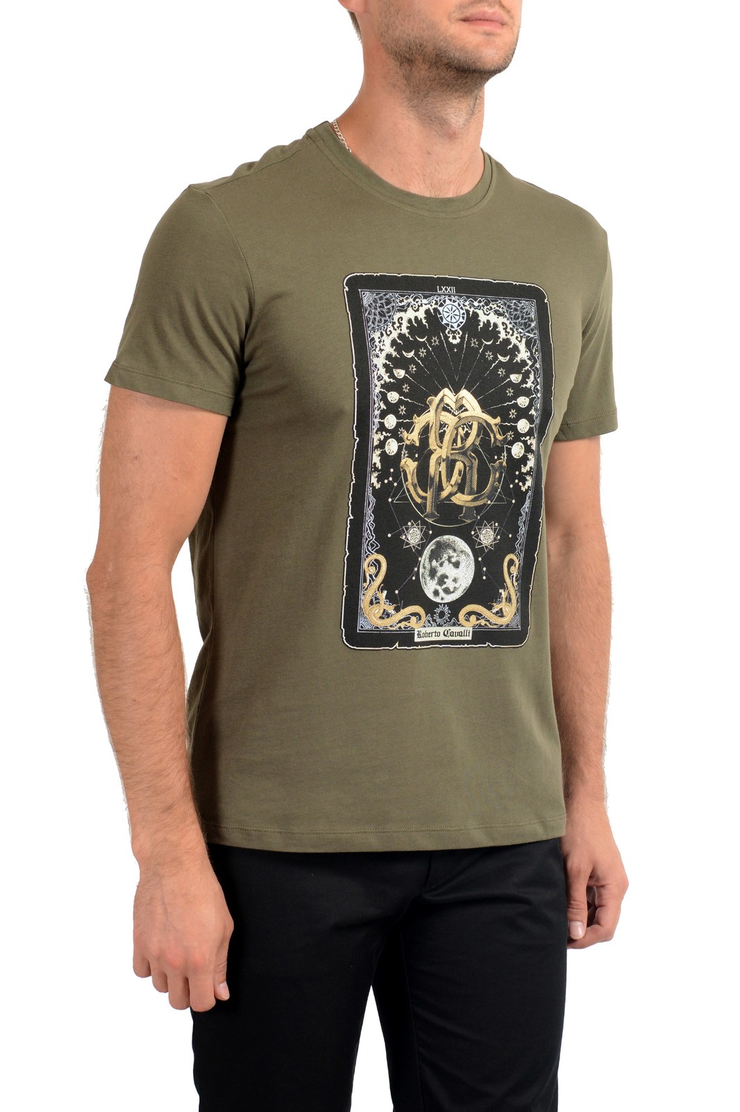 Roberto Cavalli Men's Olive Green Graphic Print Crewneck T-Shirt US M IT 50 gallery