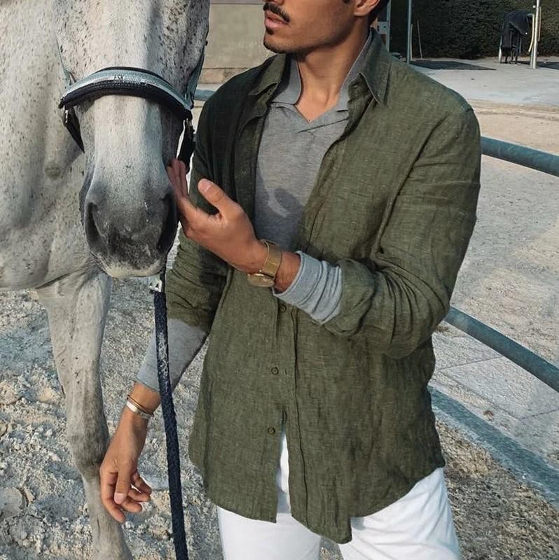 Casual Men Cotton Linen Shirt Long Sleeve Loose Blouse Button Down Shirts-Tops gallery