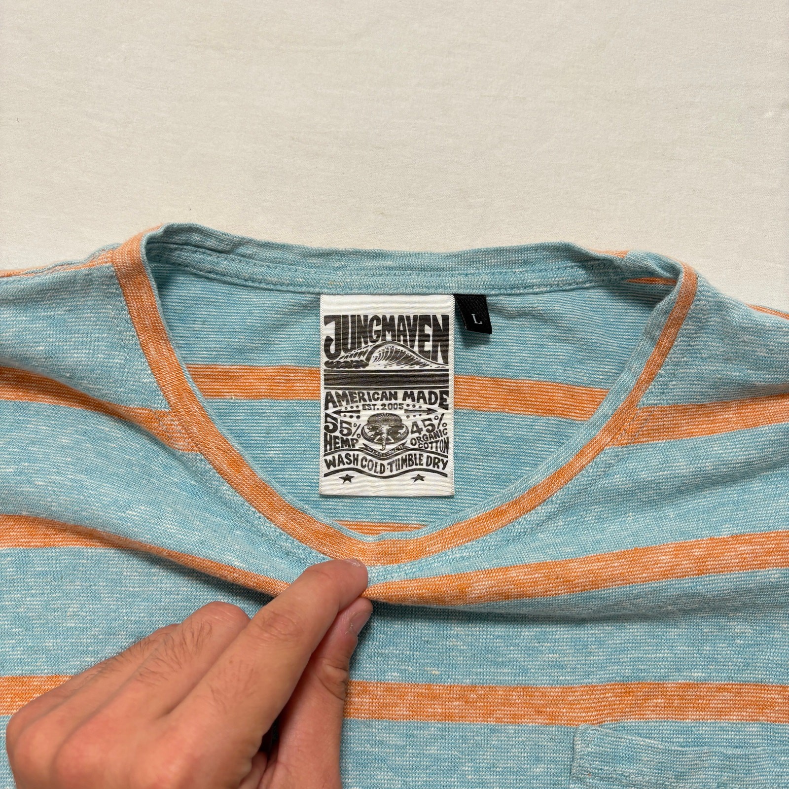 Jungmaven Striped Hemp Organic Cotton Pocket T-Shirt Men’s L Blue Orange gallery